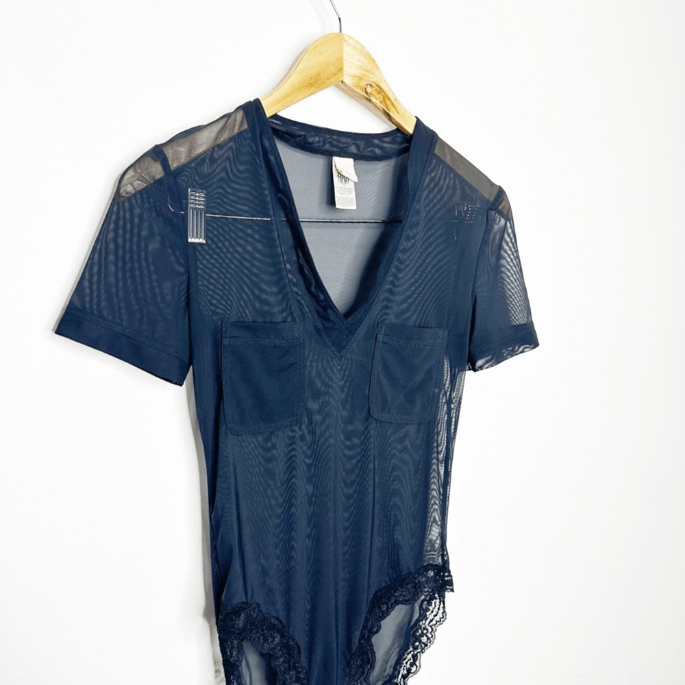We are HAH Body Glove Bodysuit Noir BLACK short sleeve semi sheer mesh S SMALL - Picture 4 of 7